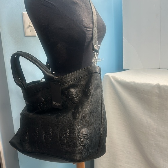 IO PELLE Italian Black Leather Embossed Skull Tote in black - Picture 14 of 15
